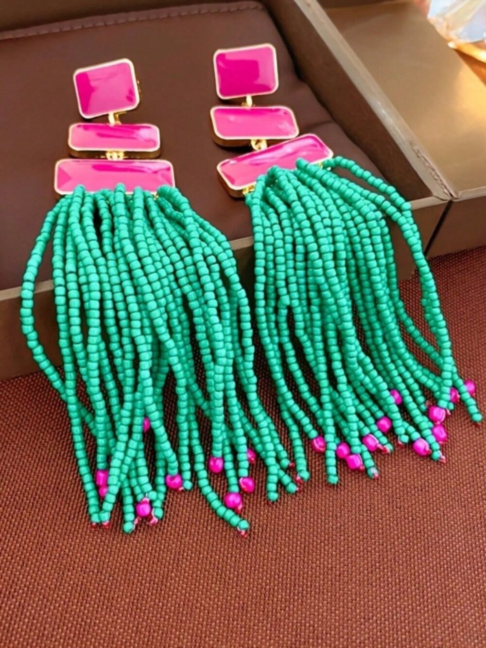 Pink Green Casual Women's Beaded Tassel  Exaggerated Earrings